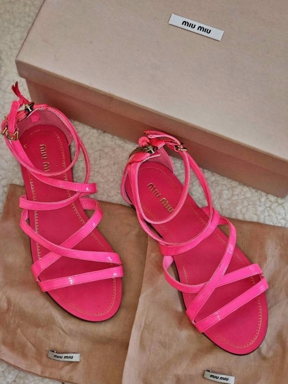 Miu Miu Neon Pink Patent Strappy Flat Sandals